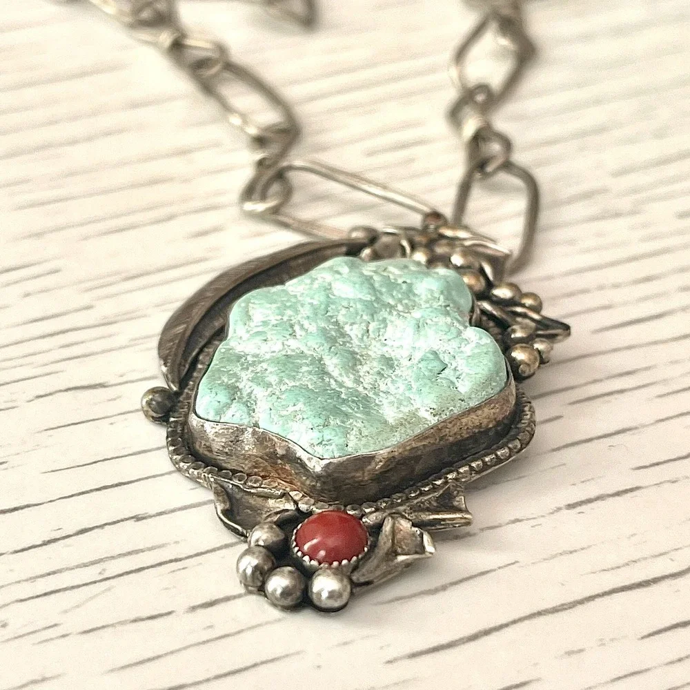 VTG Navajo Turquoise Pendant 2.5in Seafoam Nugget Paperclip Chain Necklace Old